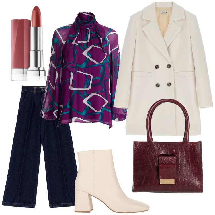 Outfit donna - Total look #1812813. Stile Casual chic per Ufficio. Abbinamento con stivaletti, borse a mano, rossetti, cappotti, bluse, jeans.
