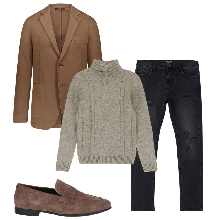 Outfit uomo - Inverno. Stile Casual per Tutti i giorni. Abbinamento con scarpe stringate, jeans strappati, maglieria, giacche.
