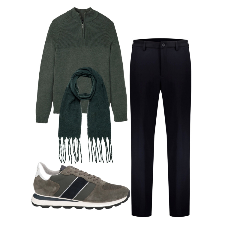 Outfit uomo - Inverno. Stile Casual per Tutti i giorni. Abbinamento con maglieria, sneakers, pantaloni, sciarpe.