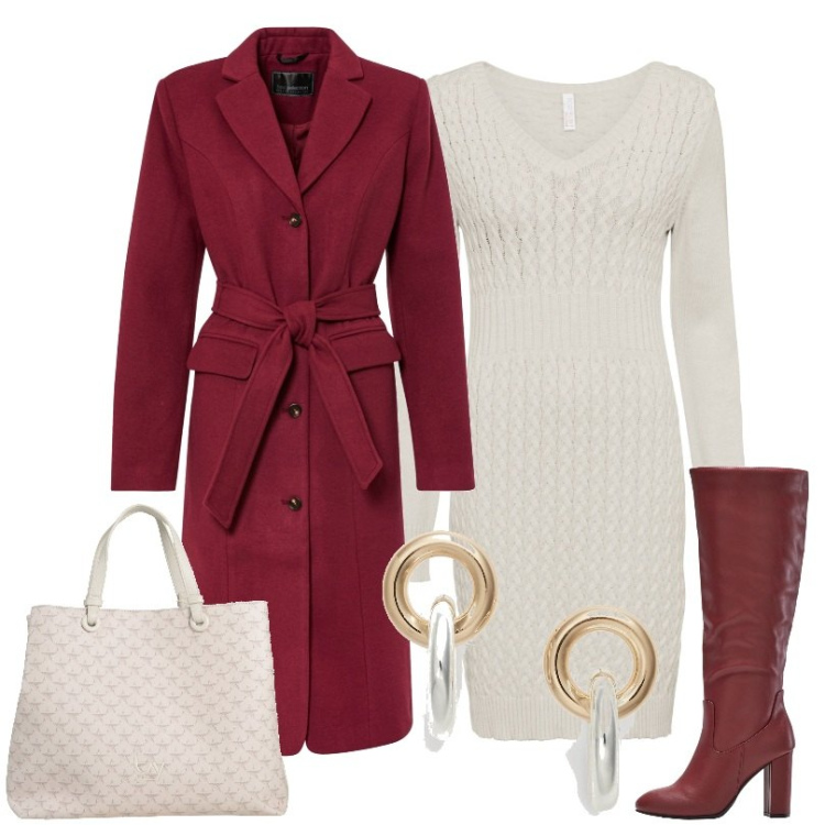 Outfit donna - Total look #1812874. Stile Casual per Tutti i giorni. Abbinamento con vestiti, stivali sopra il ginocchio, cappotti, borse a mano, orecchini.