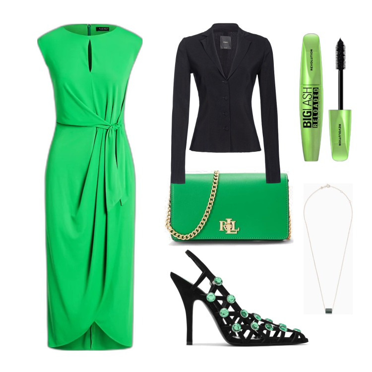 Outfit donna - Serata glamour. Stile Glamour per Serata fuori. Abbinamento con mascara, blazer, vestiti, borse a mano, décolleté, ciondoli.