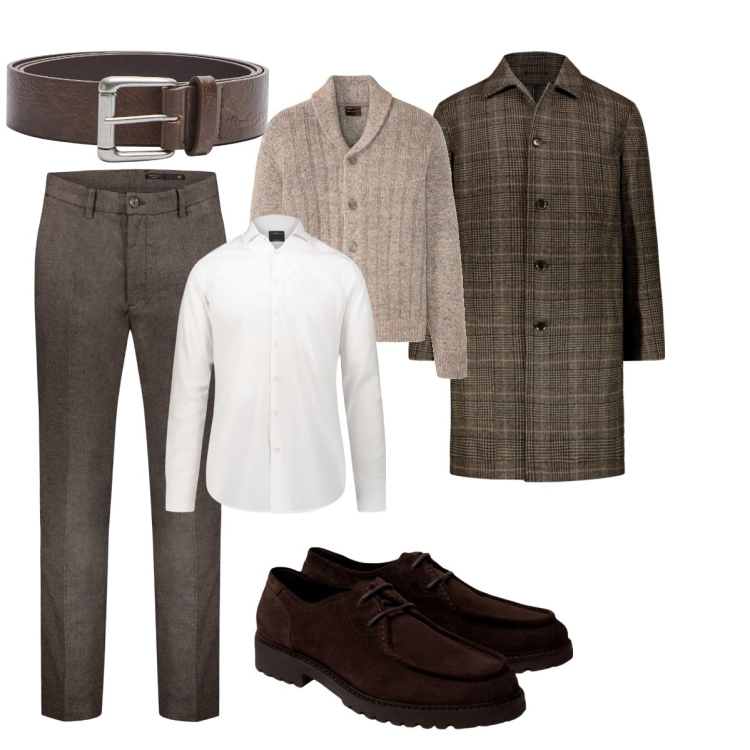 Outfit uomo - Elegante con il cardigan. Stile Business/Elegante per Ufficio. Abbinamento con cardigans, cinture, camicie, pantaloni, cappotti, scarpe stringate.