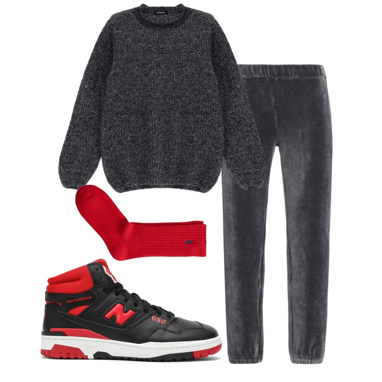 Outfit uomo - Homewear. Stile Casual per Tutti i giorni. Abbinamento con pantaloni, pullovers, calzini, sneakers alte.