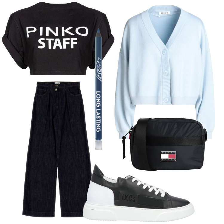 Outfit donna - Total look #1813018. Stile Urban per Tutti i giorni. Abbinamento con sneakers, borse a tracolla, cardigans, eyeliner, t-shirt, jeans.