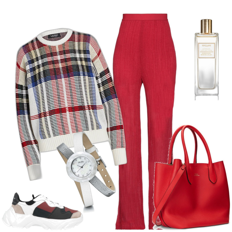 Outfit donna - Il pantalone rosso. Stile Casual per Tutti i giorni. Abbinamento con sneakers, pantaloni, orologi, profumi, maglieria, borse tote.