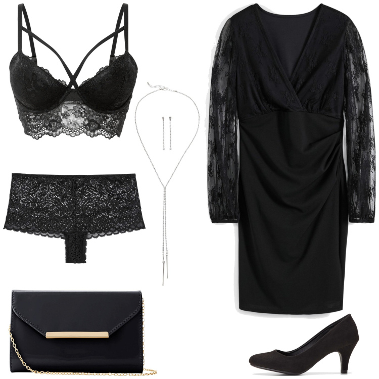 Outfit donna - La tua lingerie. Stile Chic per Serata fuori. Abbinamento con décolleté, vestiti, culotte, reggiseni, pochette, collane.