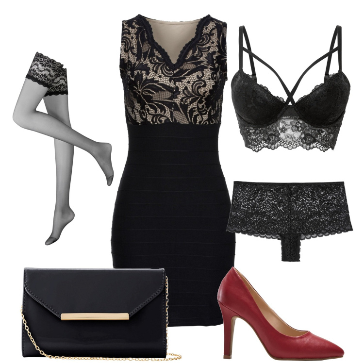 Outfit donna - Pizzo nero. Stile Chic per Serata fuori. Abbinamento con collant, vestiti, reggiseni, pochette, culotte, décolleté.