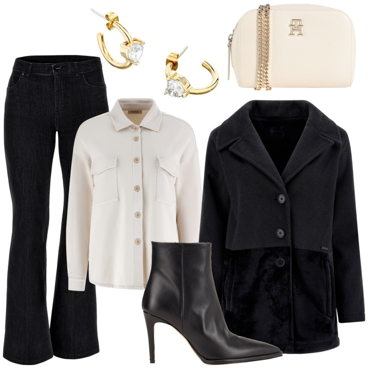 Outfit donna - Freddy. Stile Basic per Tutti i giorni. Abbinamento con stivaletti, borse a tracolla, orecchini, cappotti, jeans skinny, camicie.