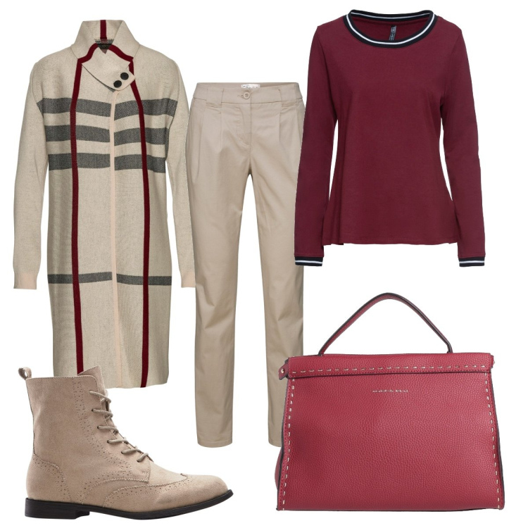 Outfit donna - Total look #1813048. Stile Basic per Ufficio. Abbinamento con pantaloni chino, maglieria, cardigans, stivaletti, borse a mano.