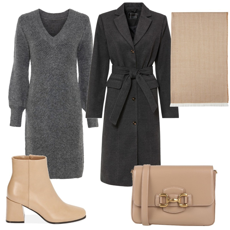 Outfit donna - Total look #1813049. Stile Basic per Ufficio. Abbinamento con vestiti, cappotti, borse a tracolla, stivaletti, sciarpe.