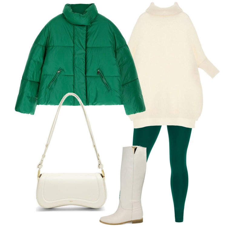 Outfit donna - L\'anno del Drago di legno. Stile Sporty chic per Tutti i giorni. Abbinamento con stivali, pantaloni skinny, maglieria, piumini, borse a spalla.