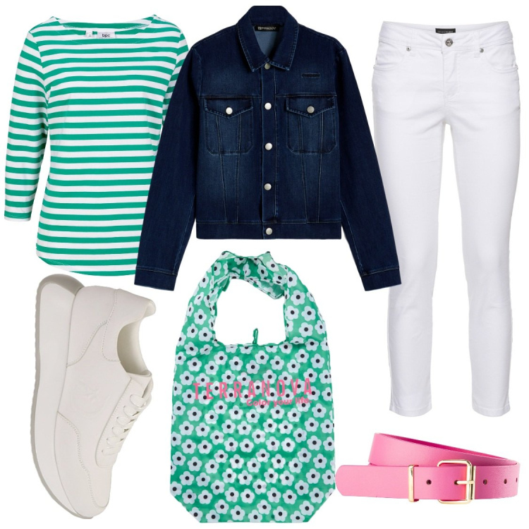 Outfit donna - Fare spesa con la borsa eco. Stile Casual per Tutti i giorni. Abbinamento con maglieria, cinture, pantaloni, shopping bag, blazer, sneakers.