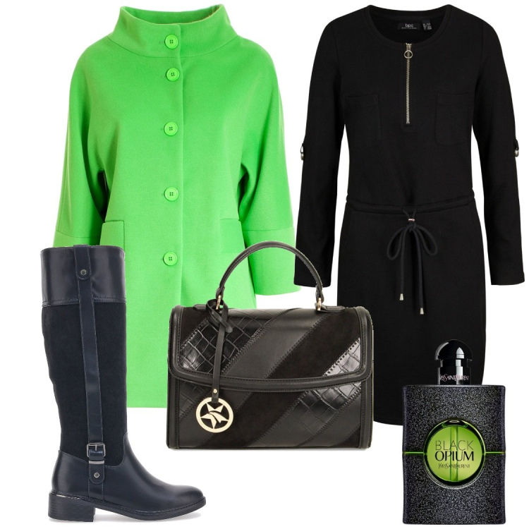 Outfit donna - Capodanno cinese in verde brillante. Stile Casual chic per Serata fuori. Abbinamento con vestiti, profumi, cappotti, borse a mano, stivali sopra il ginocchio.