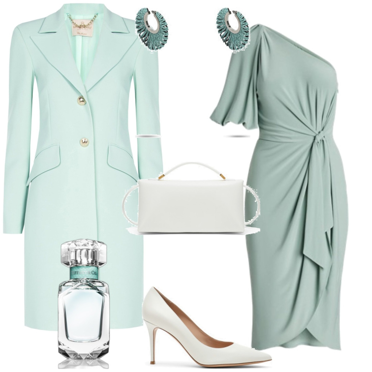 Outfit donna - Outfit Tiffany. Stile Bon Ton per Cerimonia. Abbinamento con profumi, blazer, vestiti asimmetrici, borse a mano, décolleté, orecchini.