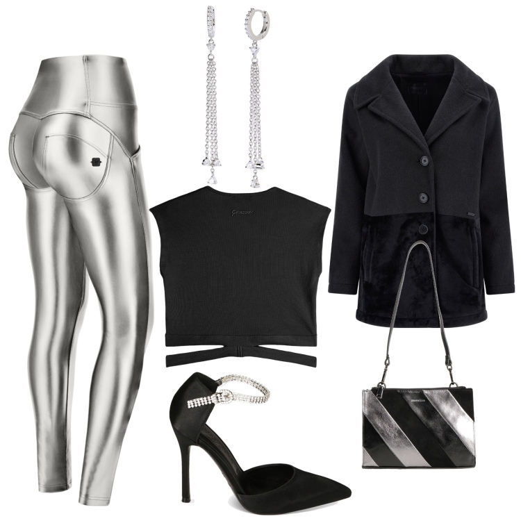 Outfit donna - Leggings metallizzato. Stile Glamour per Serata fuori. Abbinamento con borse a spalla, orecchini, cappotti, pantaloni skinny, t-shirt, décolleté.