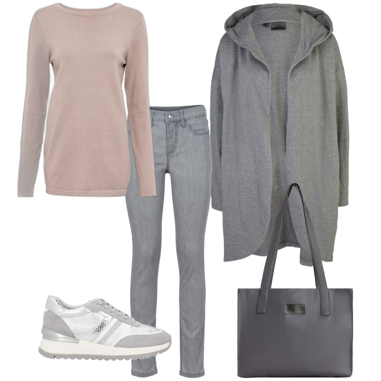Outfit donna - Total look #1813081. Stile Casual per Tutti i giorni. Abbinamento con jeans skinny, cappotti, maglieria, sneakers, shopping bag.