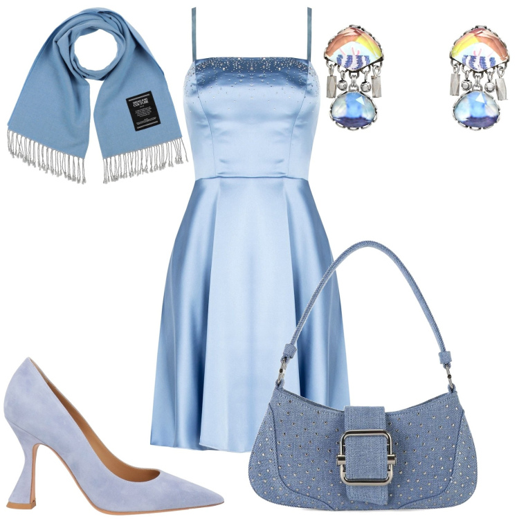 Outfit donna - Serata celeste. Stile Chic per Serata fuori. Abbinamento con décolleté, orecchini, sciarpe, vestiti, borse a spalla.