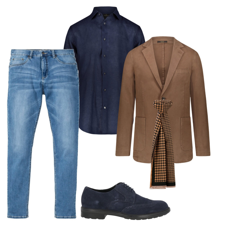 Outfit uomo - Casual chic. Stile Casual per Ufficio. Abbinamento con jeans, scarpe stringate, sciarpe e foulard, camicie, giacche.