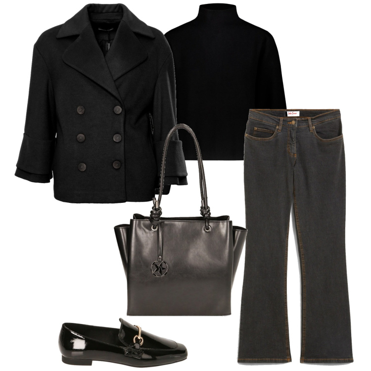 Outfit donna - Al lavoro. Stile Casual chic per Ufficio. Abbinamento con jeans bootcut, cappotti, mocassini, borse a spalla, maglieria.