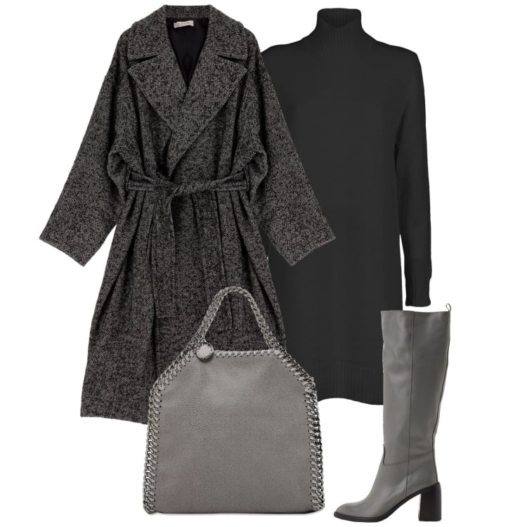 Outfit donna - In grigio. Stile Minimal per Tutti i giorni. Abbinamento con stivali sopra il ginocchio, cappotti, borse a spalla, vestiti.