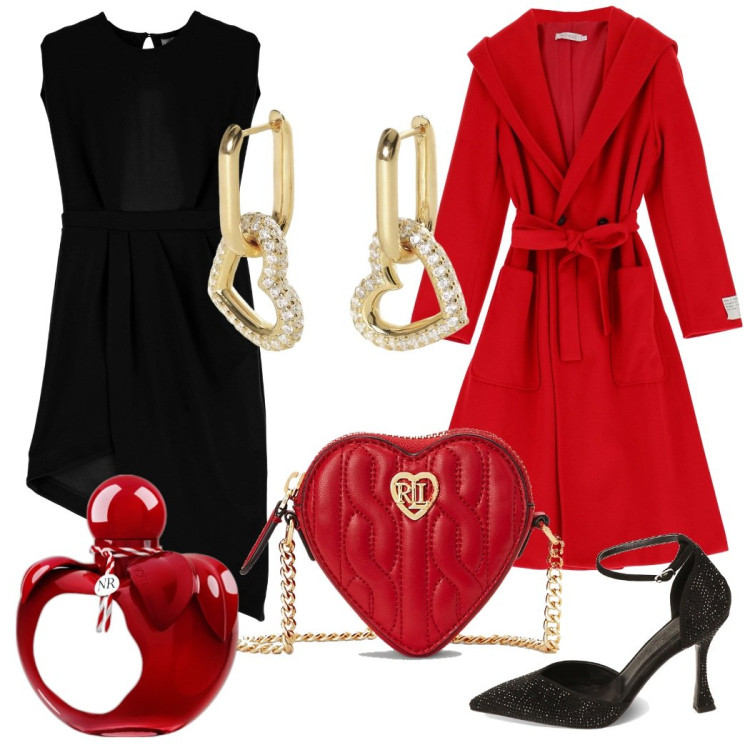 Outfit donna - Red Valentine. Stile Glamour per Serata fuori. Abbinamento con profumi, vestiti corti, orecchini, cappotti, décolleté, pochette.