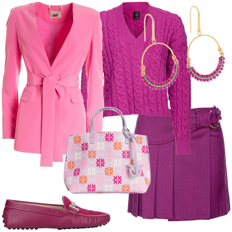 Outfit donna - Lilla. Stile Casual per Tutti i giorni. Abbinamento con mocassini, orecchini, maglieria, minigonne, shopping bag, blazer.