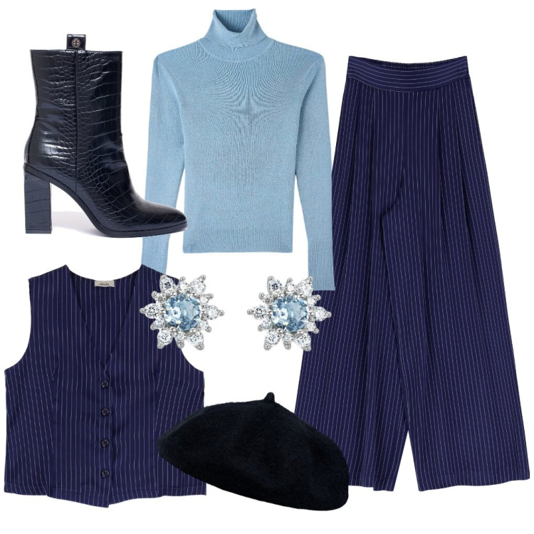 Outfit donna - Siria: la notte.. Stile Trendy per Serata fuori. Abbinamento con maglieria, orecchini, stivaletti, pantaloni a palazzo, gilet, cappelli e berretti.