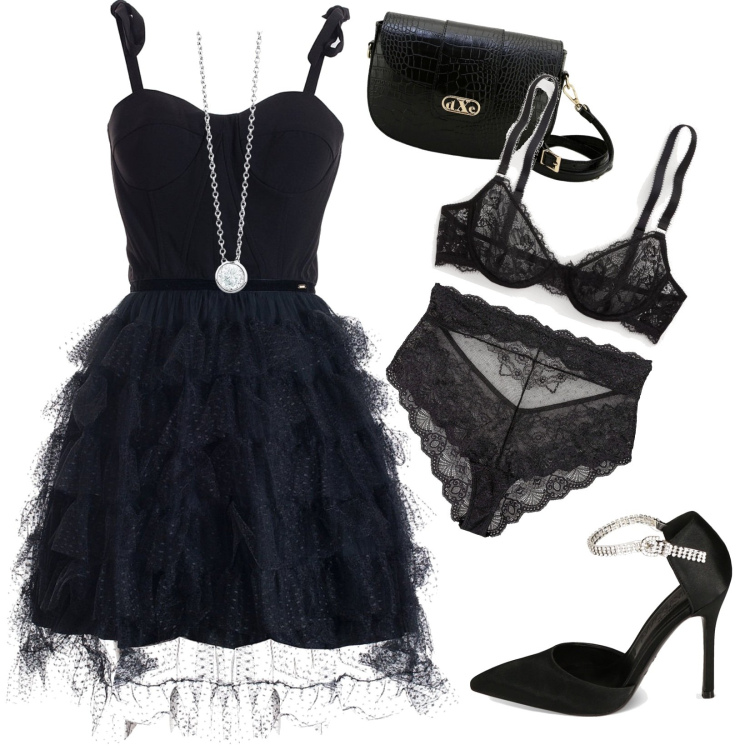 Outfit donna - My Valentine in black.. Stile Chic per Serata fuori. Abbinamento con culotte, collane, vestiti corti, décolleté, pochette, reggiseni.