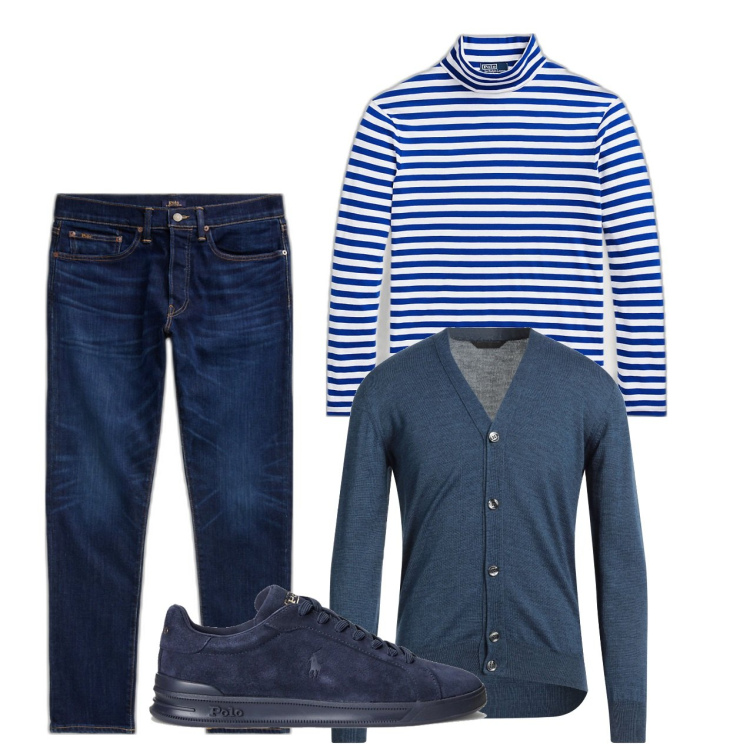 Outfit uomo - Marinaro. Stile Casual per Tutti i giorni. Abbinamento con cardigans, sneakers, jeans, maglieria.