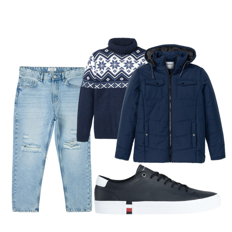 Outfit uomo - Total look #1813257. Stile Casual per Tutti i giorni. Abbinamento con maglieria, giacche, sneakers, jeans strappati.