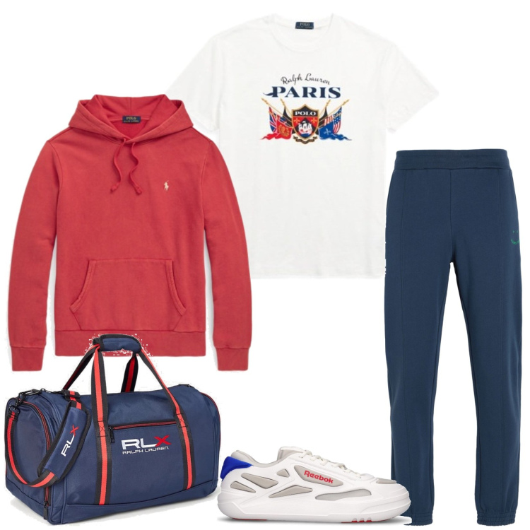 Outfit uomo - French colours. Stile Casual per Sport. Abbinamento con pantaloni, felpe con cappuccio, borse sportive, t-shirt, sneakers.