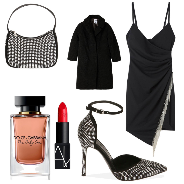Outfit donna - Senza verde…. Stile Glamour per Serata fuori. Abbinamento con profumi, rossetti, vestiti corti, cappotti, décolleté, borse a spalla.