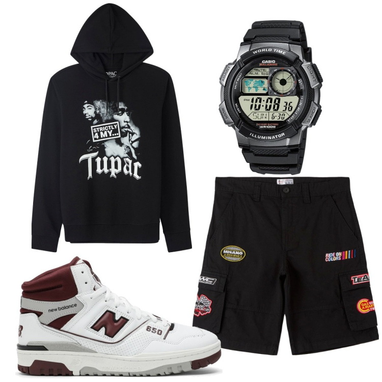 Outfit uomo - Total look #1813302. Stile Urban per Tutti i giorni. Abbinamento con orologi, bermuda, felpe con cappuccio, sneakers alte.