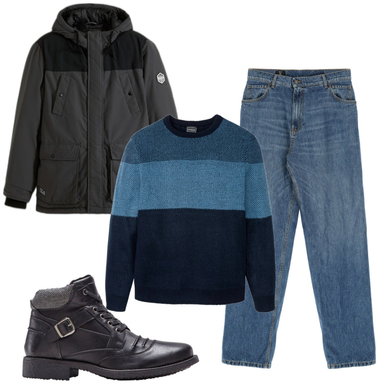 Outfit uomo - Total look #1813341. Stile Urban per Tutti i giorni. Abbinamento con maglieria, stivali e stivaletti, piumini, jeans dritti.