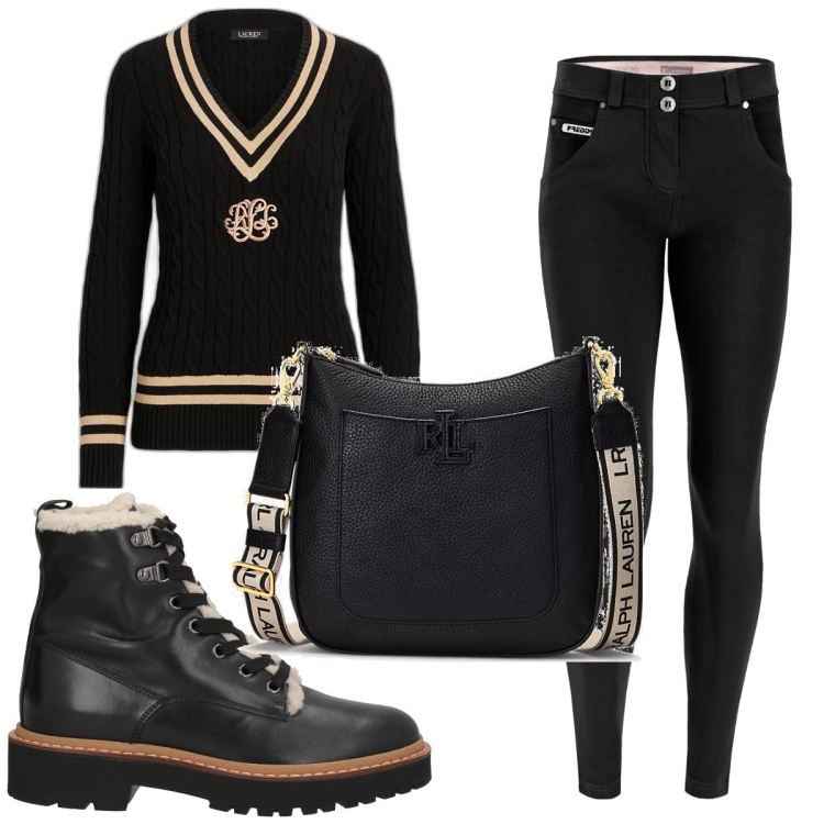 Outfit donna - Total look #1813349. Stile Basic per Scuola/Università. Abbinamento con stivaletti, pantaloni skinny, borse a tracolla, maglieria.