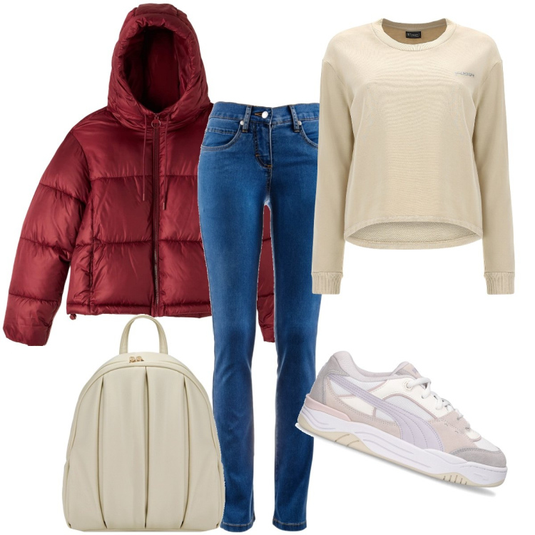 Outfit donna - All’open day. Stile Casual per Scuola/Università. Abbinamento con jeans dritti, piumini, felpe, zaini, sneakers.