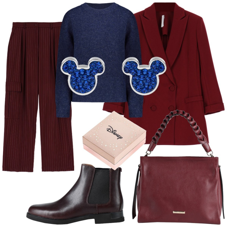 Outfit donna - Mikey mouse. Stile Casual per Tutti i giorni. Abbinamento con borse a mano, orecchini, stivaletti chelsea, cappotti, pantaloni a palazzo, maglieria.