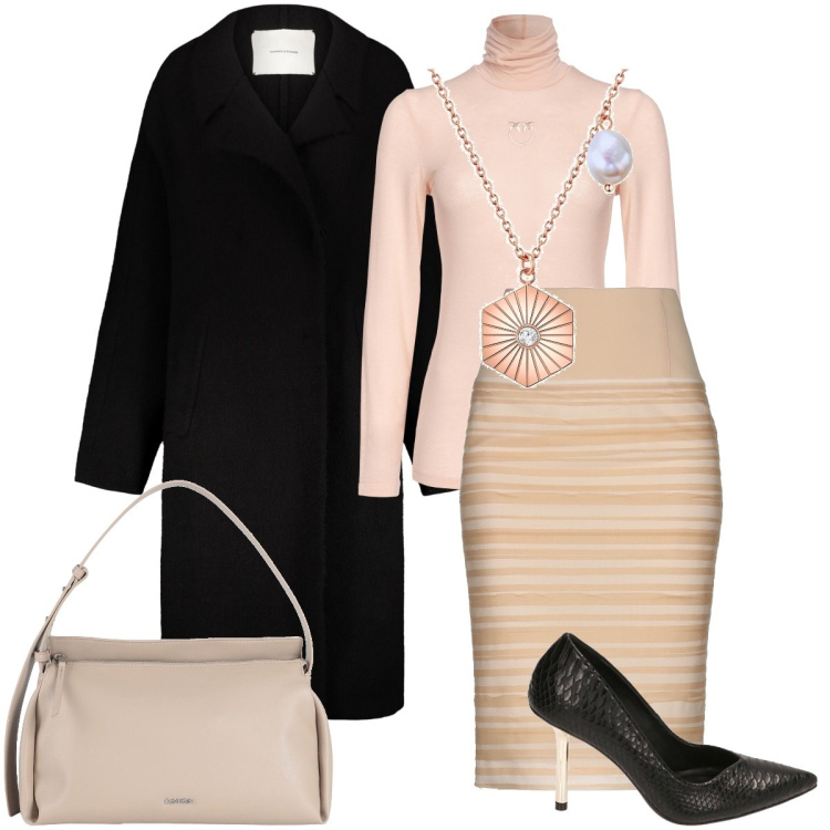 Outfit donna - Invito ad una festa. Stile Bon Ton per Serata fuori. Abbinamento con borse a mano, gonne longuette, collane, maglieria, décolleté, cappotti.