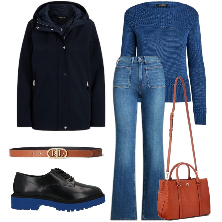 Outfit donna - In pizzeria. Stile Casual per Serata fuori. Abbinamento con scarpe stringate, cinture, jeans bootcut, maglieria, borse a mano, cappotti.