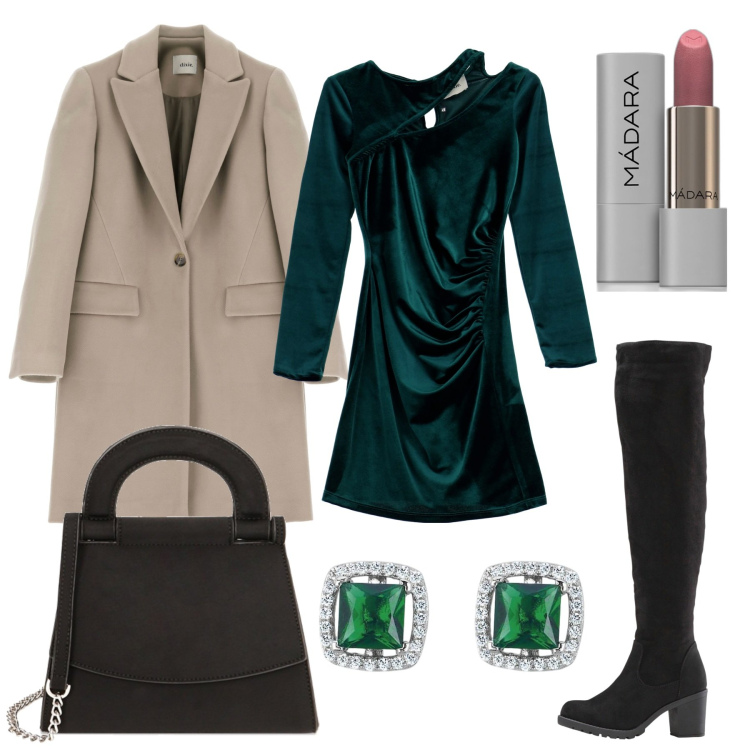 Outfit donna - Total look #1813396. Stile Glamour per Serata fuori. Abbinamento con stivali sopra il ginocchio, rossetti, orecchini, borse a mano, vestiti corti, cappotti.