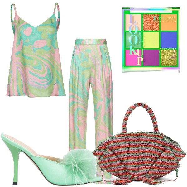 Outfit donna - Capodanno Cinese. Stile Glamour per Serata fuori. Abbinamento con ombretti, pantaloni, top, sandali in pelle, borse a mano.