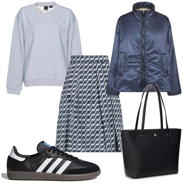 Outfit donna - Total look #1813435. Stile Sporty chic per Tutti i giorni. Abbinamento con gonne longuette, felpe, borse tote, piumini, sneakers.