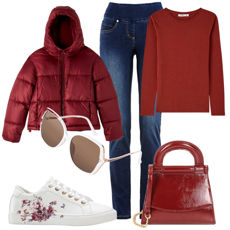 Outfit donna - Red Dahlia rosso scuro intenso. Stile Casual chic per Tutti i giorni. Abbinamento con sneakers, jeans slim fit, occhiali da sole, piumini, t-shirt, borse a mano.