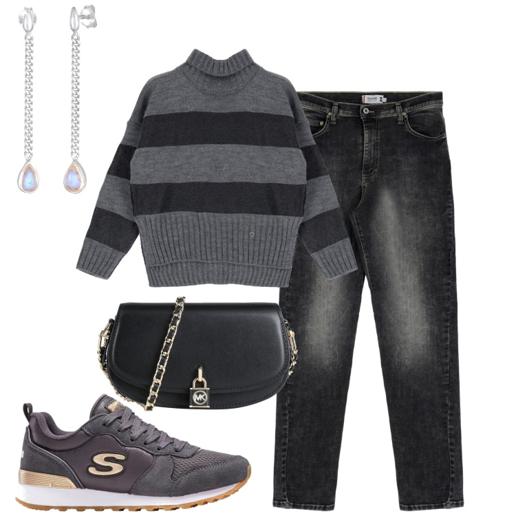 Outfit donna - Il maglione oversize di tendenza. Stile Trendy per Tutti i giorni. Abbinamento con sneakers, borse a tracolla, orecchini, jeans slim fit, maglieria.