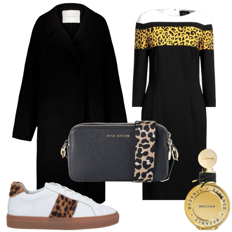 Outfit donna - Abito comodo e sneakers. Stile Casual chic per Tutti i giorni. Abbinamento con vestiti midi/longuette, sneakers, borse a tracolla, profumi, cappotti.