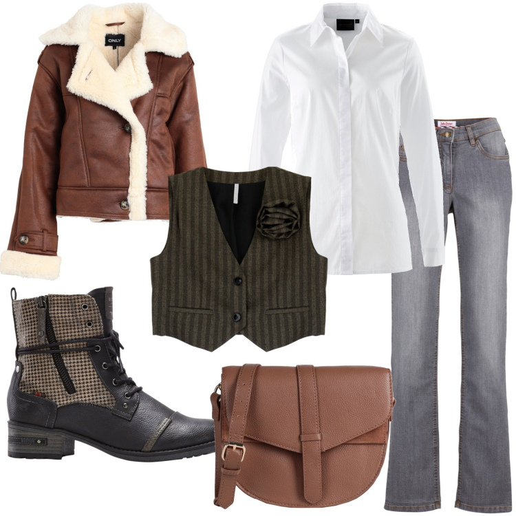 Outfit donna - Morgan country. Stile Vintage retrò per Tutti i giorni. Abbinamento con camicie, jeans dritti, stivaletti, blazer, borse a tracolla, gilet.