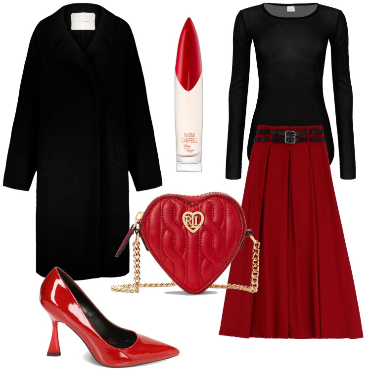 Outfit donna - 14 febbraio. Stile Chic per Serata fuori. Abbinamento con profumi, maglieria, gonne longuette, décolleté, pochette, cappotti.