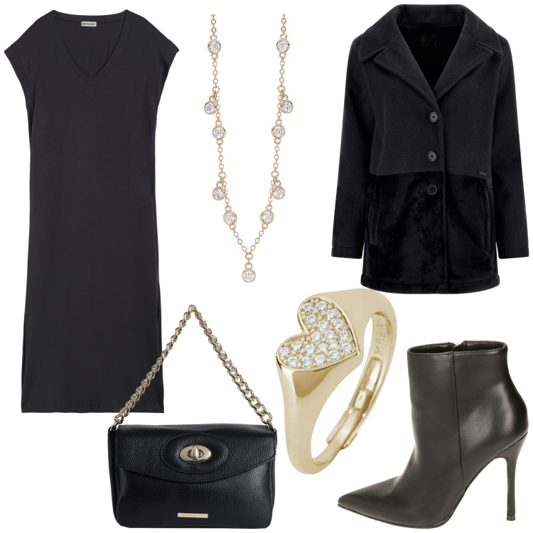 Outfit donna - San Valentino cn Freddy. Stile Chic per Serata fuori. Abbinamento con borse a mano, collane, anelli, cappotti, vestiti senza maniche, stivaletti.