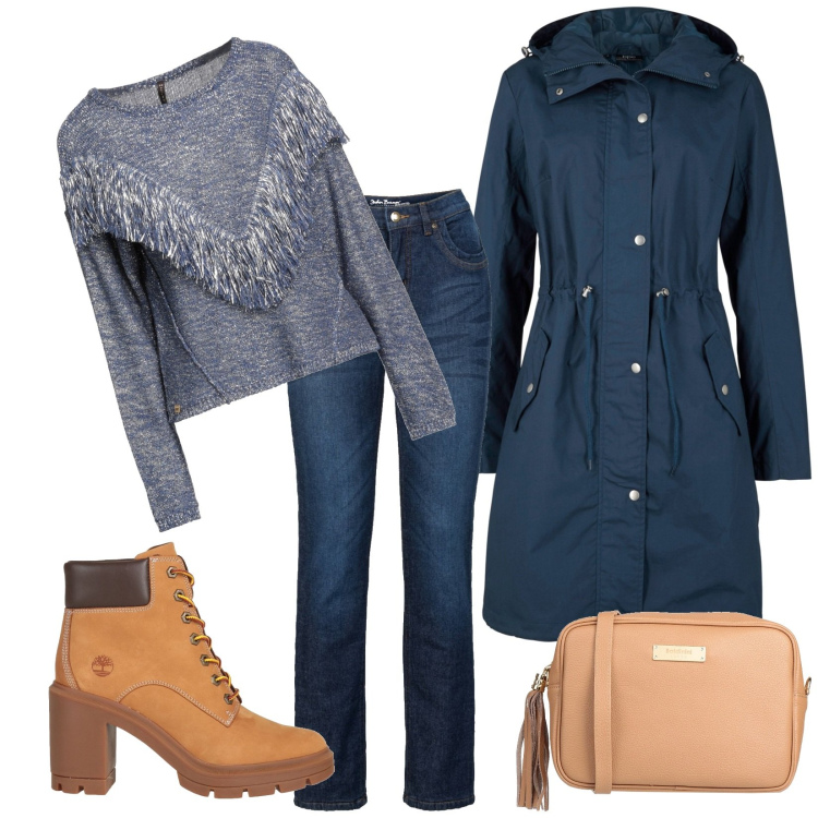 Outfit donna - Total look #1813514. Stile Casual per Tutti i giorni. Abbinamento con jeans dritti, parka, pullovers, stivaletti, borse a tracolla.