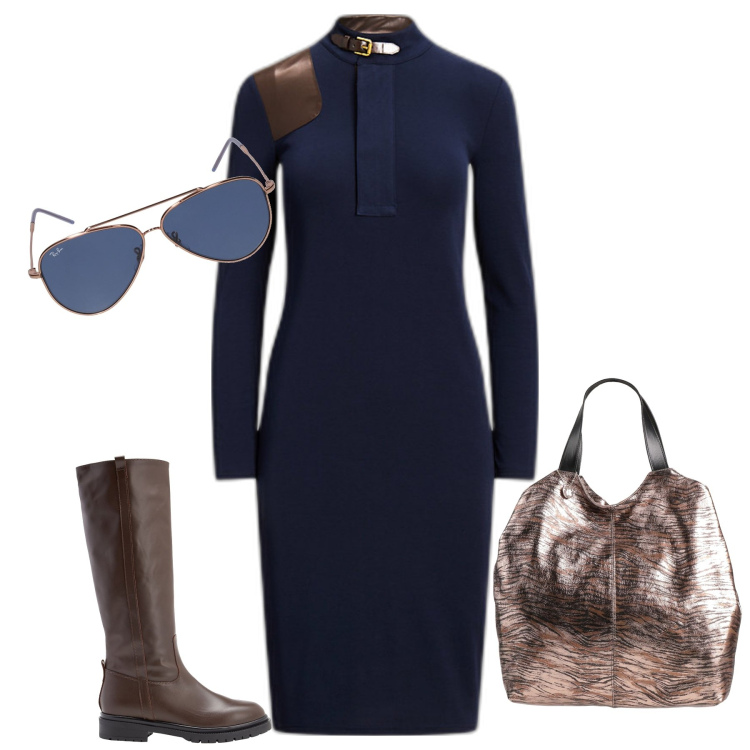 Outfit donna - In blu. Stile Minimal per Ufficio. Abbinamento con stivali, borse a mano, vestiti, occhiali da sole.